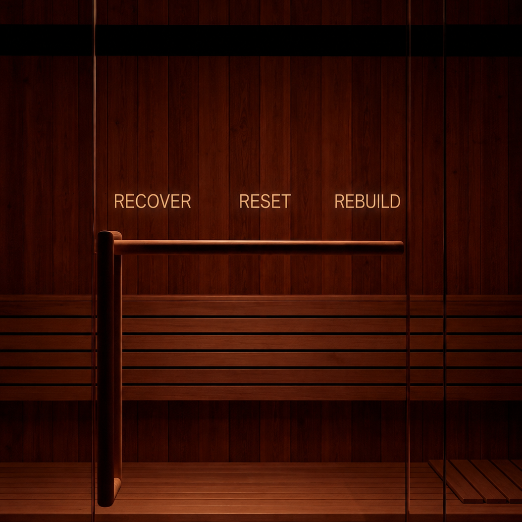 A sauna door with 'recover reset rebuild' written over it.
